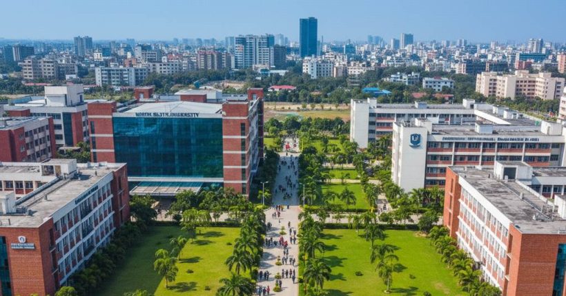 Aerial view of top private universities in Dhaka Bangladesh with students walking on campus and modern academic buildings