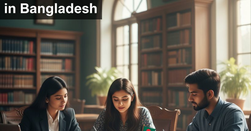 Law students studying in Bangladesh university classroom with legal books and Bangladesh flag in background