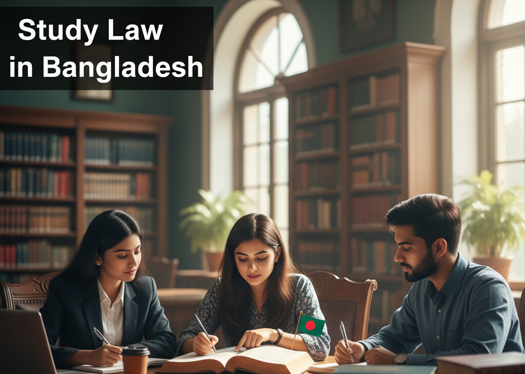 Law students studying in Bangladesh university classroom with legal books and Bangladesh flag in background